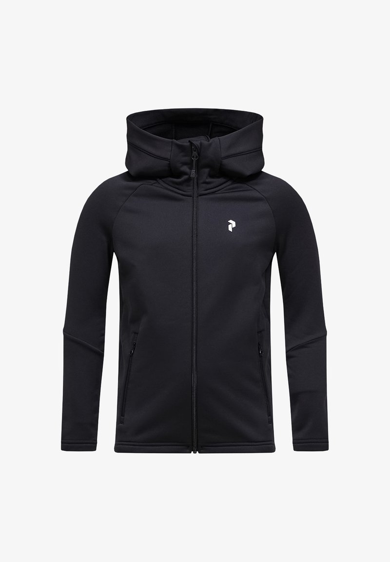 Schwarze Zip-Hoodie mit hohem Kragen, aus weichem Material gefertigt. Verfügt über zwei Seitentaschen und ein Logo auf der linken Brust.