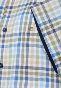 Kortaf gedragen geruite shirt in lichtblauw, groen en beige. Heeft donkere knopen, een geborduurd logo op de borst en contrasterende kraagstof.