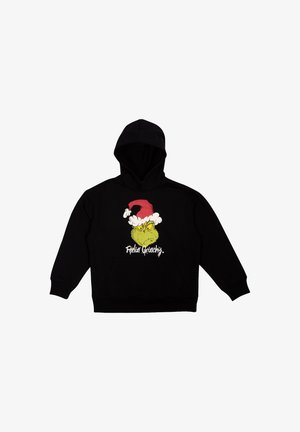 Felpe nere con un design frontale che presenta un personaggio verde con un cappello di Babbo Natale, testo "Feelin' Grinchy," e cordini al collo.