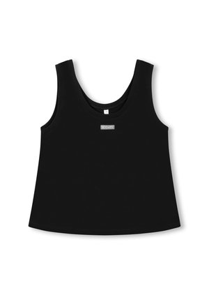 Sort udenærmet tanktop, blødt bomuldsstof, rund udskæring, lige kant, med et lille mærke centreret på forsiden.