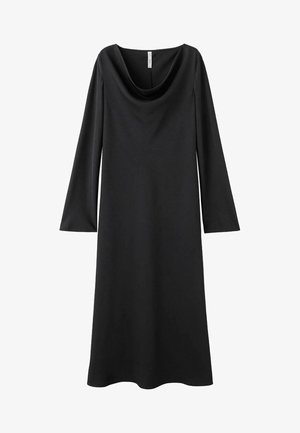 Zwarte coltrui-jurk met lange mouwen, gemaakt van gladde stof. Heeft een A-lijn silhouet en valt onder de knie. Geen zichtbare patronen of accenten.