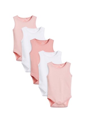 Fem sleeveless baby bodystockings i skiftende lyserøde og hvide farver, arrangeret i en forskudt vertikal stak.