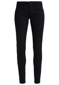 Pantalones vaqueros ajustados negros de denim. Presentan un cierre de botón y cinco bolsillos. Textura suave con un diseño de corte ceñido.