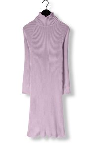 Robe côtelée violet clair avec un col roulé haut, des manches longues et un ourlet festonné. Conçue dans un matériau tricoté doux, avec une coupe ajustée.