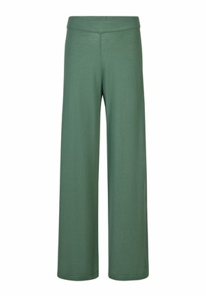 Pantalon vert à jambes larges avec ceinture élastique, sans poches ni fermetures visibles, présenté sur un fond blanc.