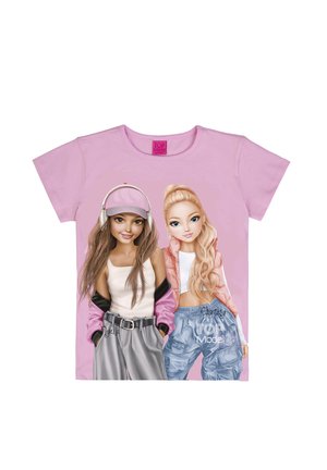 Pink t-shirt with illustration of two stylish girls, one with headphones and cap, the other with long blonde hair and puffy vest.