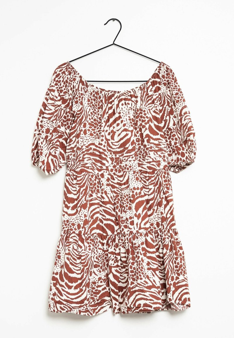 Rotes und weißes gemustertes Kleid mit schulterfreier Halslinie, Puffärmeln und schwingendem Saum, das mit Tiermotiven und leichtem Stoff versehen ist.