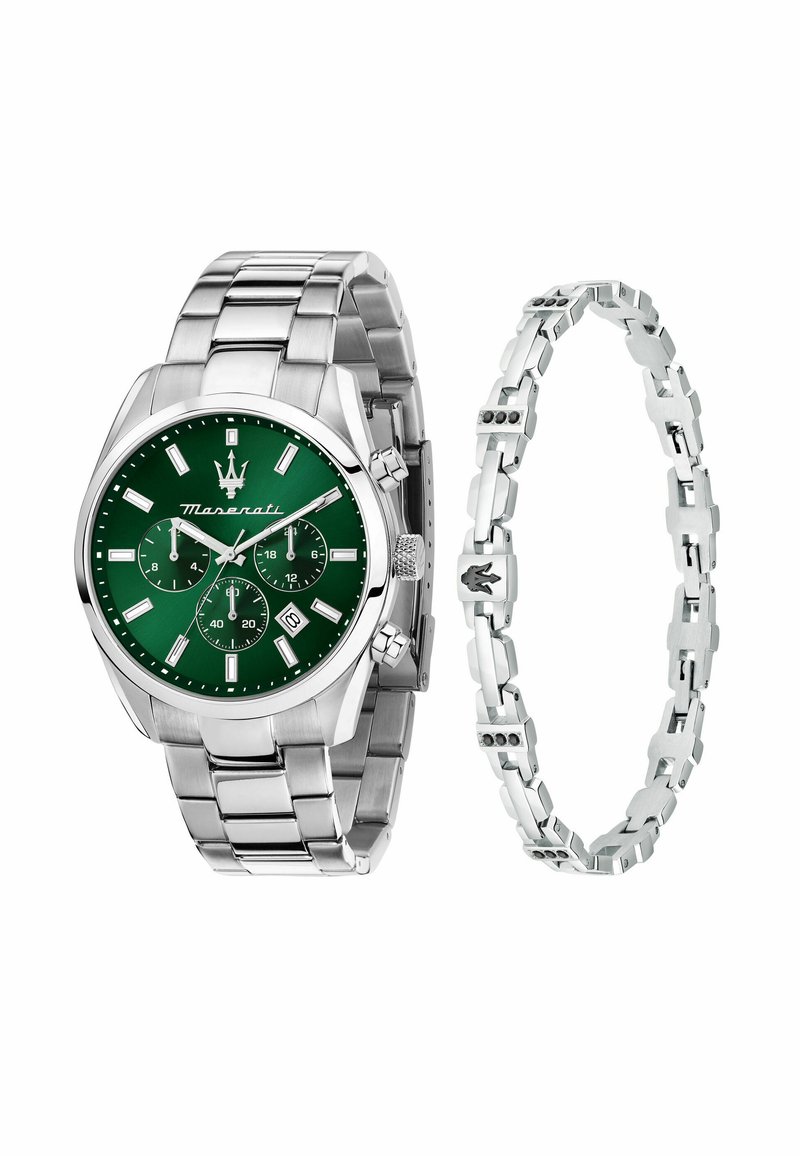 Maserati ur med grøn urskive, silderstål case og armbånd. Funktioner inkluderer tre underdials, datovindue og logo.