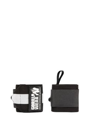 Twee zwarte stoffen polsbanden met klittenbandsluitingen, waarvan één een "Gorilla Wear" logopatch toont met een gorilla-illustratie en tekst.