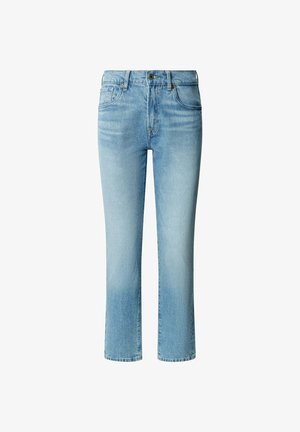 Jasnoniebieskie dżinsy o prostym kroju nogawki, z pięcioma kieszeniami i lekko wyblakłym wykończeniem. Wyposażone w złote okucia i zapięcie na guzik.