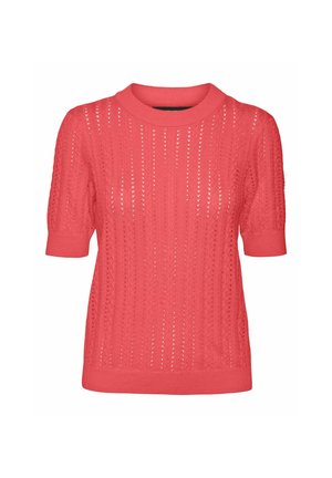 Koraalkleurige gebreide trui met een gestructureerd patroon, korte mouwen, een ronde halslijn en geribbelde manchetten en onderkant.