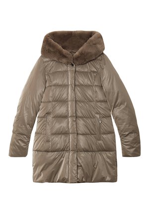 Padded coat in taupe with a faux fur-lined hood. Features quilted texture, long sleeves, and a zippered pocket on the side.