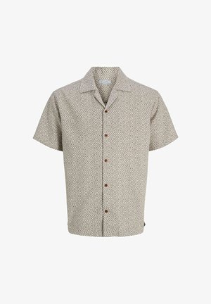 Beige kortærmet skjorte med knapper og et helt overflade mønster af små diamanter samt brune knapper, kraven foldet ned.