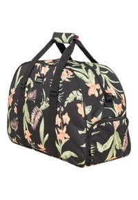 Zwarte sporttas met een bloemenpatroon dat roze bloemen en groene bladeren toont. Het heeft dubbele handvatten en een ritsvak aan de zijkant.