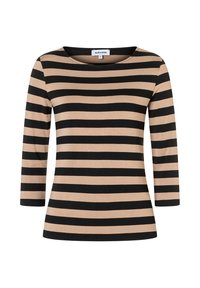 Gestreiftes langärmliges Oberteil in Beige und Schwarz, mit rundem Ausschnitt und weichem, dehnbarem Stoff. Klassische horizontale Streifen und taillierte Passform.
