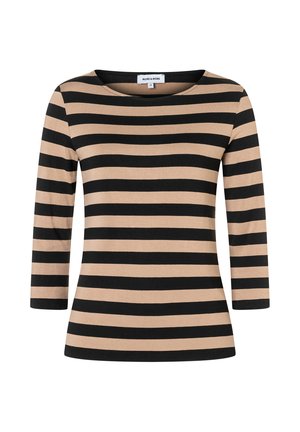 Gestreiftes langärmliges Oberteil in Beige und Schwarz, mit rundem Ausschnitt und weichem, dehnbarem Stoff. Klassische horizontale Streifen und taillierte Passform.