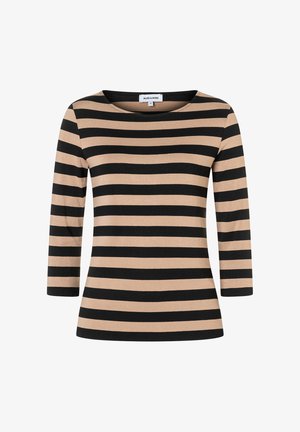 Gestreiftes langärmliges Oberteil in Beige und Schwarz, mit rundem Ausschnitt und weichem, dehnbarem Stoff. Klassische horizontale Streifen und taillierte Passform.