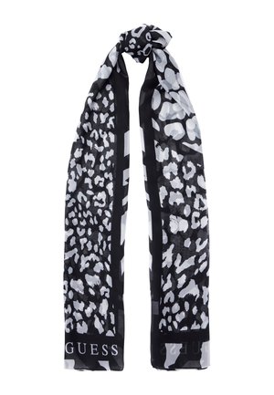 Sciarpa con stampa leopardata in bianco e nero, realizzata in un tessuto leggero, caratterizzata da una texture liscia e bordi a contrasto. Logo visibile in fondo.