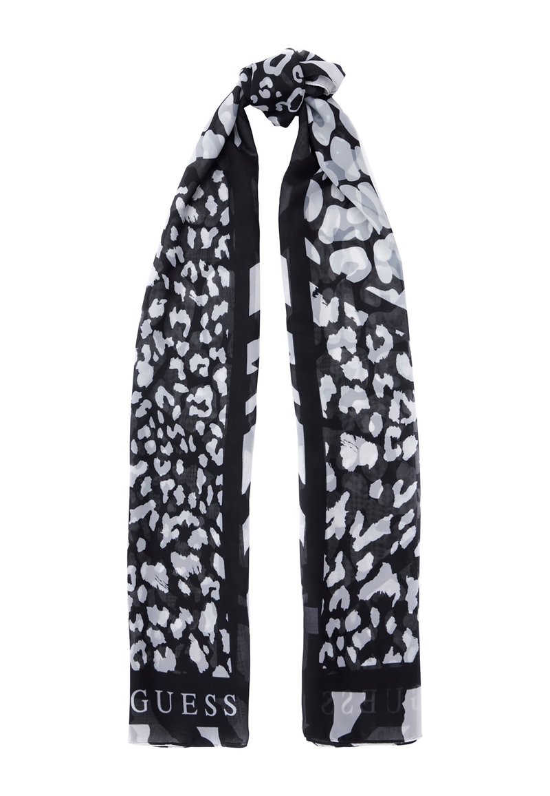 Sciarpa con stampa leopardata in bianco e nero, realizzata in un tessuto leggero, caratterizzata da una texture liscia e bordi a contrasto. Logo visibile in fondo.