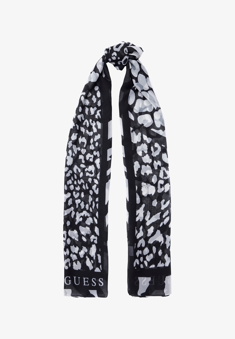 Sciarpa con stampa leopardata in bianco e nero, realizzata in un tessuto leggero, caratterizzata da una texture liscia e bordi a contrasto. Logo visibile in fondo.