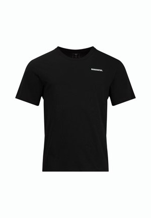 T-shirt noir à manches courtes avec col rond, petit logo blanc "Rossignol" sur la partie gauche de la poitrine.