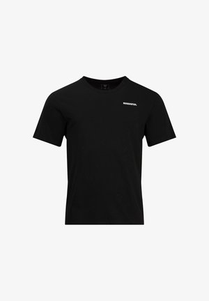 T-shirt noir à manches courtes avec col rond, petit logo blanc "Rossignol" sur la partie gauche de la poitrine.