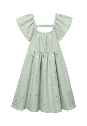 Robe midi vert clair avec larges manches volantes, encolure carrée avec bande élastique et motif de broderie florale à œillets.