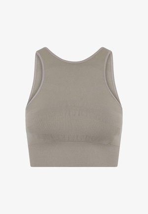 Světlé šedé sportovní podprsenka s žebrovanou texturou, širokými ramínky a bezešvou konstrukcí. Obsahuje jemné horizontální švy.