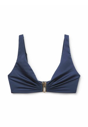 Navy blue bikini top with a V-shaped design, adjustable straps, gathered fabric, and a gold-tone front clasp detail. Smooth texture.