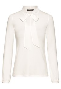 Langarmige weiße Bluse mit einem Schleifenkragen, ausgestattet mit glatter Textur und enganliegenden Ärmeln mit elastischen Bündchen. Schlichtes und elegantes Design.