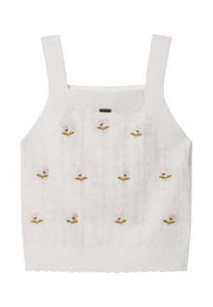 Witte gebreide mouwloze crop top met kleine roze bloemenborduursel en geschulpte zoom.