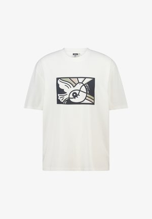 White cotton t-shirt featuring a central graphic of a dove in black, with colorful geometric shapes as a background. Short sleeves, crew neck.