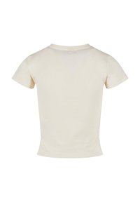 T-shirt crème à manches courtes avec un col rond et un tissu en coton doux et lisse. Design uni, sans motifs ni accents visibles.