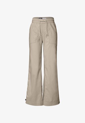 Pantaloni beige a gamba larga con cintura regolabile e due tasche frontali. Realizzati in tessuto leggero, presentano una trama liscia.