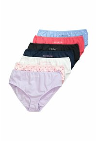 Set aus sieben Damen-Cotton-Panties in verschiedenen Farben. Jede hat Tagesbezeichnungen in pinkem Text, mit einem Punktmuster auf einem Paar.