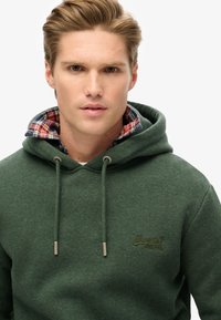 Felpa verde realizzata in materiale morbido, con cappuccio regolabile, logo ricamato e colletto di camicia a quadri visibile sotto.