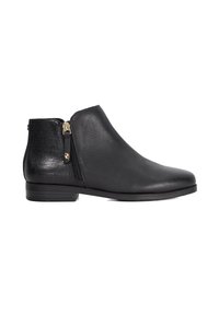 Black leather ankle boot with textured heel panel, side zipper, low heel, and rounded toe.
