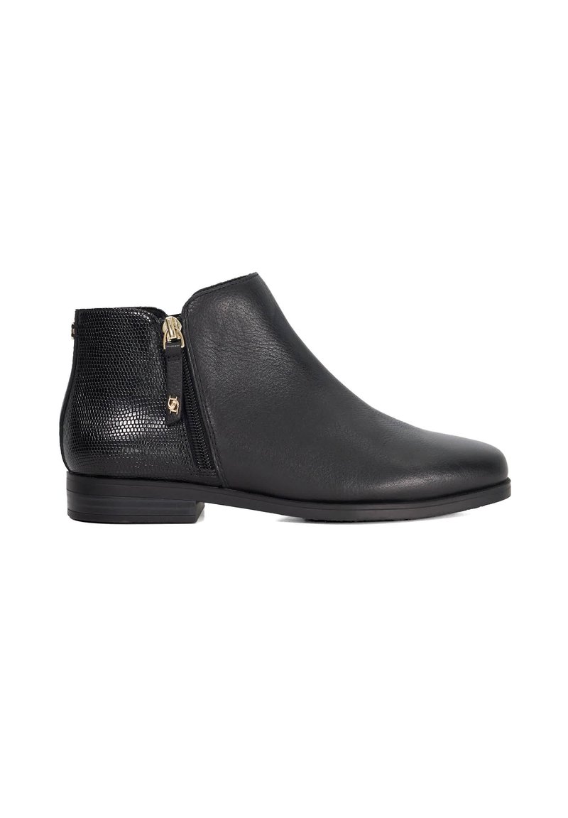 Black leather ankle boot with textured heel panel, side zipper, low heel, and rounded toe.