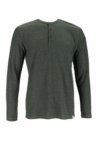 Chemise à manches longues, col rond, en tissu vert foncé avec une texture, présentant trois boutons au niveau du col et des accents cousus.