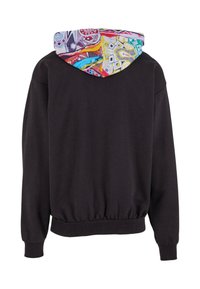 Schwarzer Hoodie mit langen Ärmeln, gerippten Bündchen und Saum, mit einer farbenfrohen, abstrakten Muster-Haube.