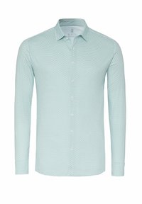 Langarmhemd in helltürkis mit geometrischem Muster. Ausgestattet mit einem Button-Down-Kragen und weißen Knöpfen auf der Vorderseite. Glatte Textur.