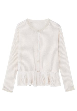 Gestrickte Strickjacke in Creme mit vertikalen Streifen, ausgestattet mit einem strukturierten Saum und fünf Knöpfen vorne. Lange Ärmel und ein detailreicher gezackter Rand.