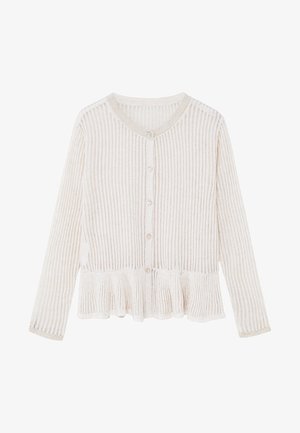 Cárdigan de punto en color crema con rayas verticales, presenta un dobladillo texturizado y cinco botones frontales. Mangas largas y detalle de borde festoneado.
