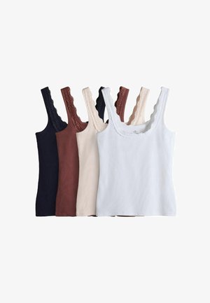 Penki tankų viršūnės išdėstytos eilėje. Spalvos: tamsiai mėlyna, ruda, šviesiai smėlio, rožinė ir balta, su banguotu nėrinių apvadu ties iškirpte.