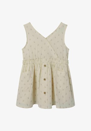 Gėlėmis dekoruota, grietinėlės spalvos suknelė su V formos iškirpte, įvaržytas juosmuo, dvi priekinės kišenės ir trys mygtukai priekyje. Minkštas audinio tekstūra.