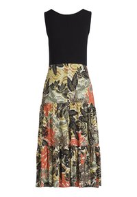 Svart bodice-klänning med ett lager på lager- kjol som har ett färgglatt bladmönster i grönt, orange och brunt på en gul bakgrund.