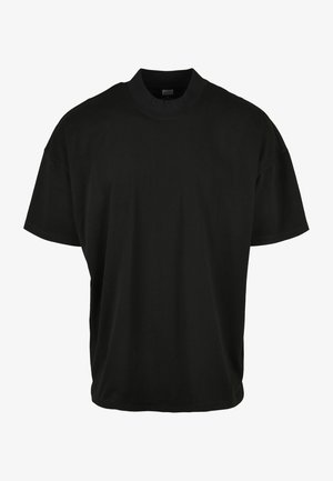 T-shirt noir à manches courtes avec un col rond, fabriqué en tissu doux, présentant une coupe décontractée et sans motifs ni accents visibles.