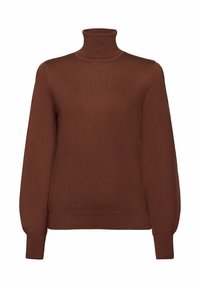 Pull à col roulé brun en tissu maille, avec manches longues, poignets côtelés et ajustement près du cou. Détails de coutures visibles.