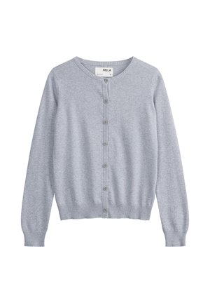 Lichtgrijze cardigan gemaakt van zachte stof. Heeft een ronde hals, lange mouwen en een sluiting met knopen aan de voorkant met bijpassende knopen. Geribbelde zoom.