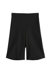 Mustat urheilushortsit, joissa on sileä pinta, polven mittainen leikkaus ja joustava vyötärö. Ei näkyviä kiinnityksiä tai kuvioita.